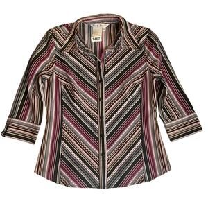 Fred David Women Button Down Shirt Size S Petite Black Purple 3/4 Sleeve Stretch
